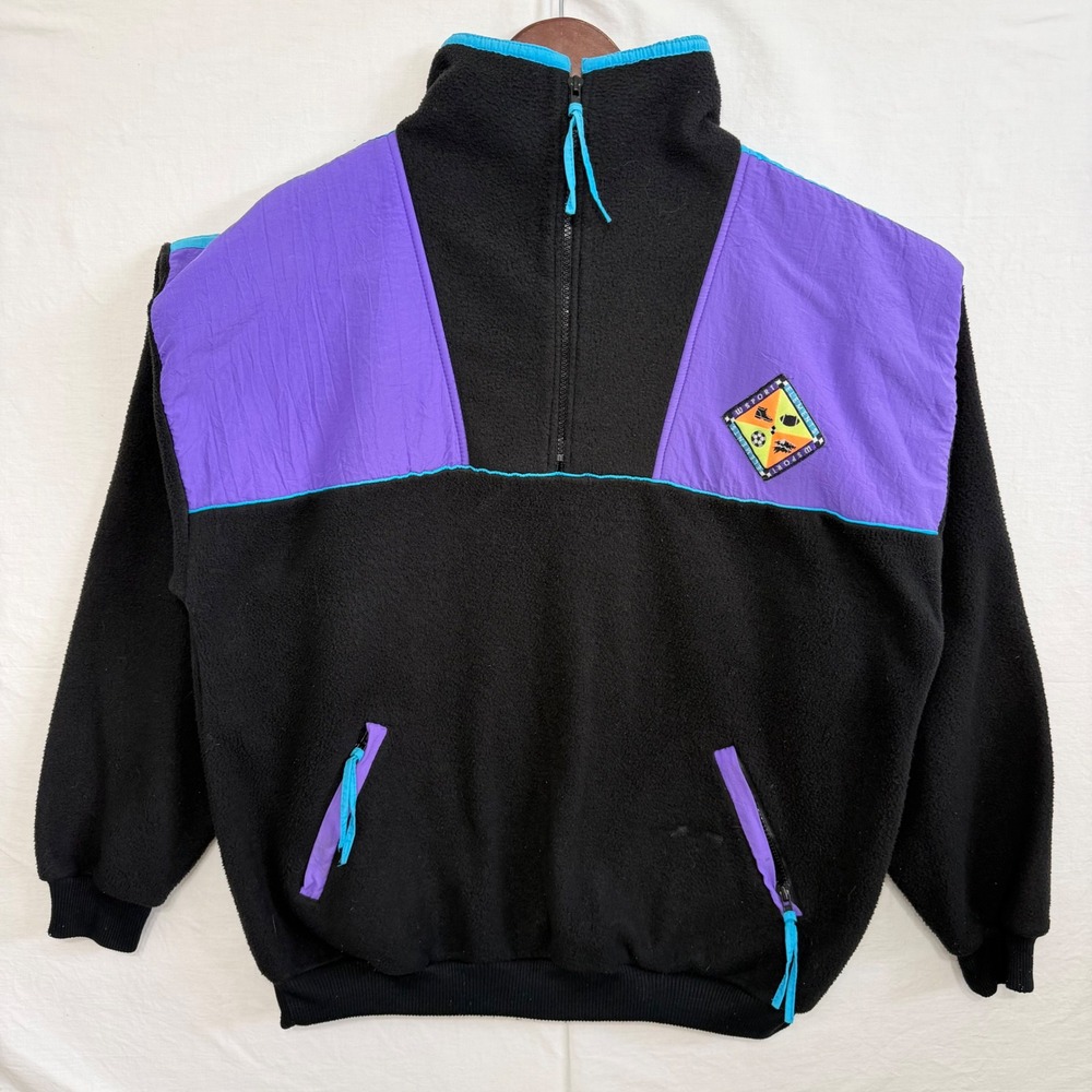 Vintage 90s Wilson Fleece Colorblock Pullover Sweater Mens XL Black Purple